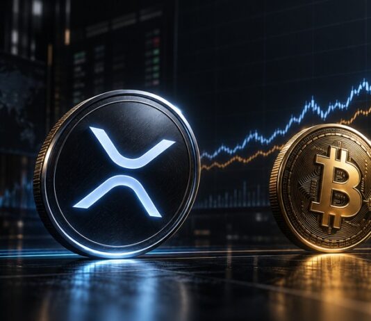 XRP- und Bitcoin-Logo vor einem Finanzchart, der XRP als möglichen Herausforderer von Bitcoin zeigt