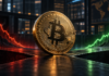 Wird Bitcoin auf 70.000 US-Dollar fallen? Analysten nennen entscheidende Marken Bitcoin-Münze zwischen rotem Abwärtstrend und grünem Aufwärtstrend vor einer Börsenkulisse