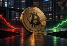 Bitcoin-Münze zwischen rotem Abwärtstrend und grünem Aufwärtstrend vor einer Börsenkulisse