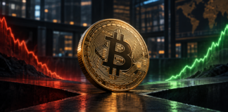 Bitcoin-Münze zwischen rotem Abwärtstrend und grünem Aufwärtstrend vor einer Börsenkulisse