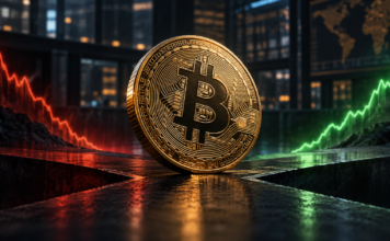 Wird Bitcoin auf 70.000 US-Dollar fallen? Analysten nennen entscheidende Marken Bitcoin-Münze zwischen rotem Abwärtstrend und grünem Aufwärtstrend vor einer Börsenkulisse