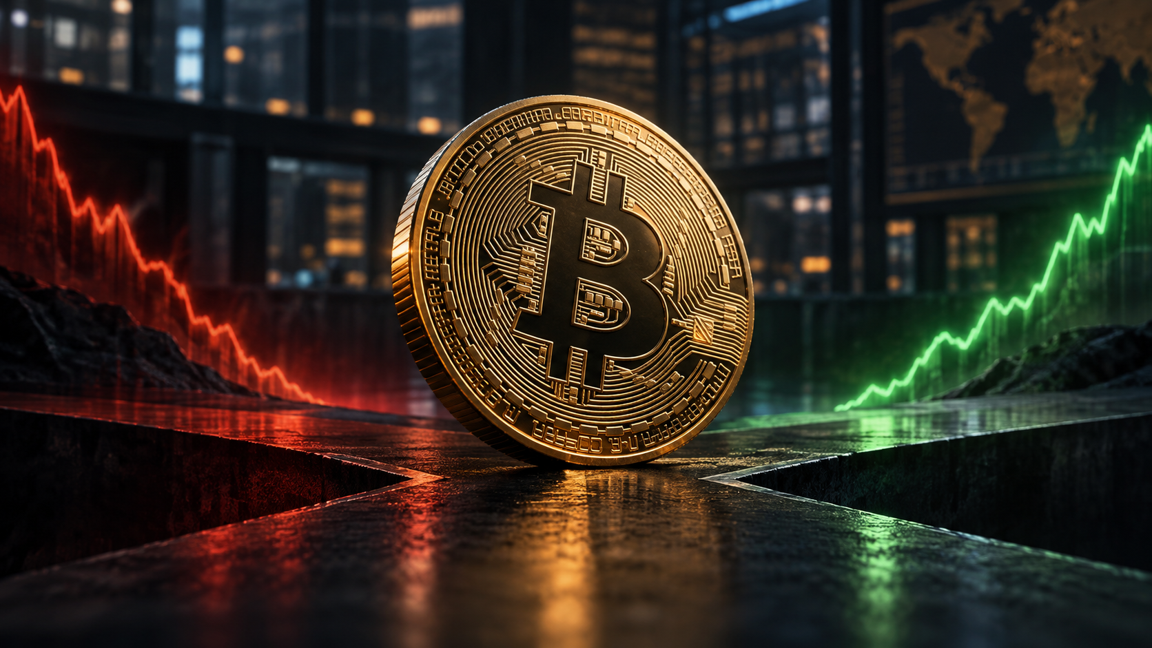 Bitcoin-Münze zwischen rotem Abwärtstrend und grünem Aufwärtstrend vor einer Börsenkulisse