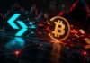 Bitget-Logo und Bitcoin-Symbol vor digitaler Cyberangriff-Kulisse