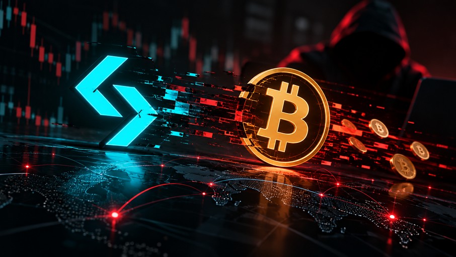 Bitget-Logo und Bitcoin-Symbol vor digitaler Cyberangriff-Kulisse