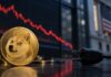 Bitwise schließt Dogecoin-ETF BWOW nach schwacher Nachfrage Dogecoin-Münze vor fallendem Börsenchart und gezogenem Stromstecker als Symbol für die Schließung des Bitwise Dogecoin-ETF