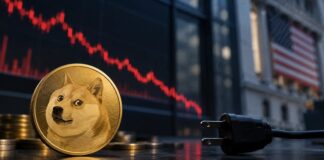 Dogecoin-Münze vor fallendem Börsenchart und gezogenem Stromstecker als Symbol für die Schließung des Bitwise Dogecoin-ETF