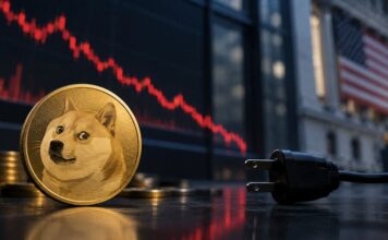 Bitwise schließt Dogecoin-ETF BWOW nach schwacher Nachfrage Dogecoin-Münze vor fallendem Börsenchart und gezogenem Stromstecker als Symbol für die Schließung des Bitwise Dogecoin-ETF