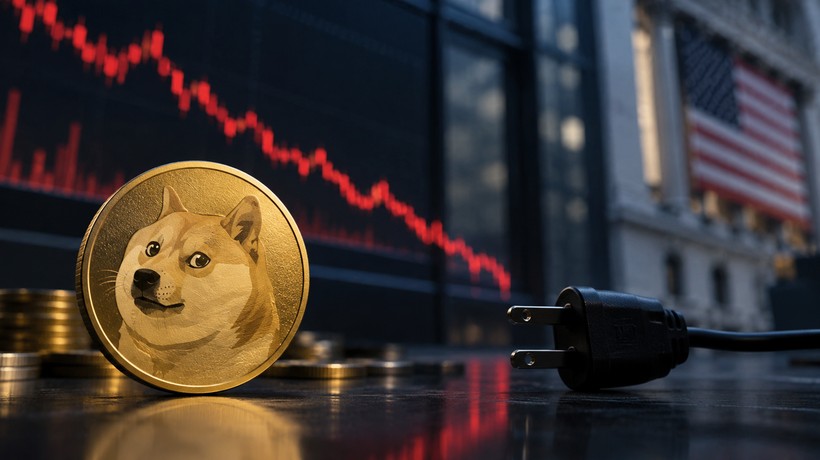 Dogecoin-Münze vor fallendem Börsenchart und gezogenem Stromstecker als Symbol für die Schließung des Bitwise Dogecoin-ETF