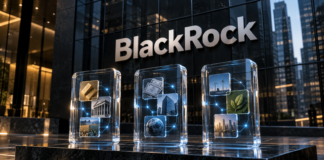 BlackRock verbündet sich mit diesem Krypto-Projekt: 3 neue Token starten BlackRock-Schriftzug hinter drei symbolisch dargestellten tokenisierten Anlageportfolios von Ondo Finance
