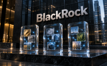 BlackRock verbündet sich mit diesem Krypto-Projekt: 3 neue Token starten BlackRock-Schriftzug hinter drei symbolisch dargestellten tokenisierten Anlageportfolios von Ondo Finance