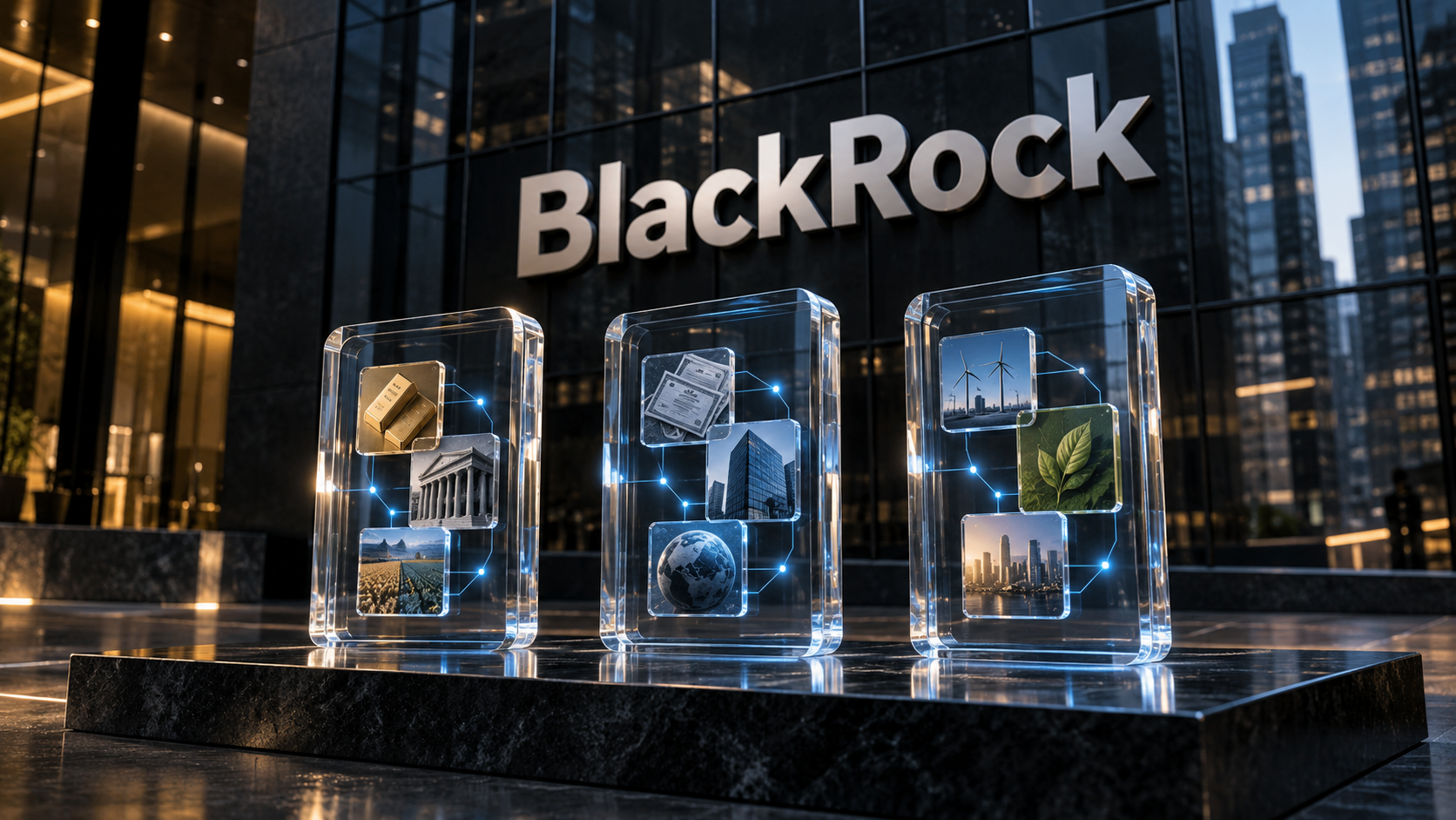 BlackRock-Schriftzug hinter drei symbolisch dargestellten tokenisierten Anlageportfolios von Ondo Finance