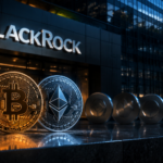 Bitcoin und Ethereum vor einer BlackRock-Fassade als Symbol für mögliche weitere Krypto-ETFs