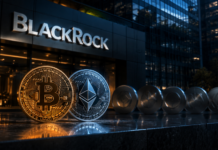 Bitcoin und Ethereum vor einer BlackRock-Fassade als Symbol für mögliche weitere Krypto-ETFs