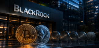 Bitcoin und Ethereum vor einer BlackRock-Fassade als Symbol für mögliche weitere Krypto-ETFs