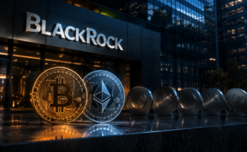 Bitcoin und Ethereum vor einer BlackRock-Fassade als Symbol für mögliche weitere Krypto-ETFs