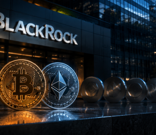 Bitcoin und Ethereum vor einer BlackRock-Fassade als Symbol für mögliche weitere Krypto-ETFs