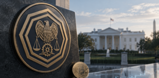 CFTC-Symbol und Bitcoin vor dem Weißen Haus als Darstellung der neuen US-Krypto-Regulierung