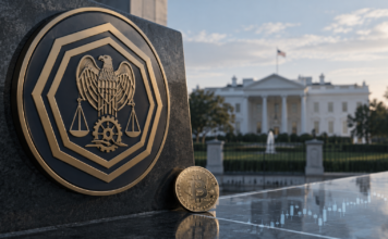 CFTC-Symbol und Bitcoin vor dem Weißen Haus als Darstellung der neuen US-Krypto-Regulierung
