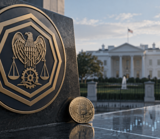 CFTC-Symbol und Bitcoin vor dem Weißen Haus als Darstellung der neuen US-Krypto-Regulierung