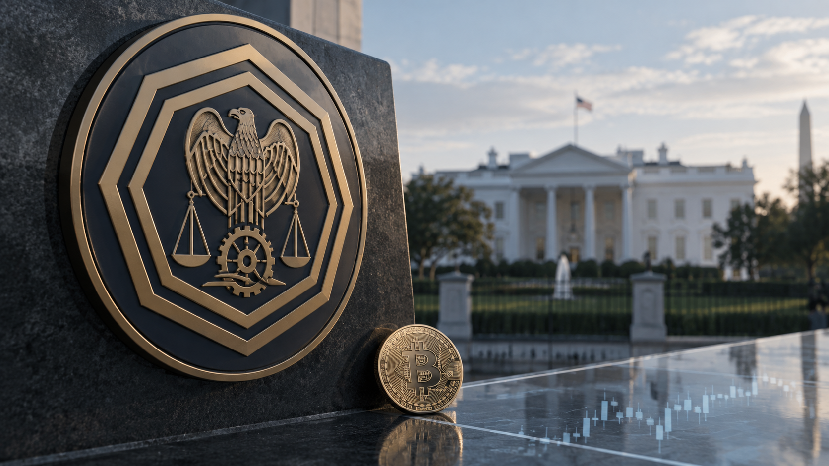 CFTC-Symbol und Bitcoin vor dem Weißen Haus als Darstellung der neuen US-Krypto-Regulierung