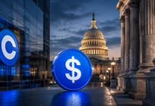Coinbase-Logo und Stablecoin vor dem US-Kapitol zum Streit über den CLARITY Act