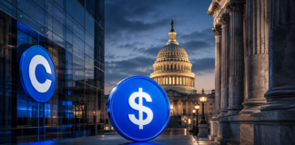 Coinbase-Logo und Stablecoin vor dem US-Kapitol zum Streit über den CLARITY Act