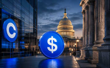 CLARITY Act: Coinbase erhöht Druck auf US-Banken vor Senatsvotum Coinbase-Logo und Stablecoin vor dem US-Kapitol zum Streit über den CLARITY Act