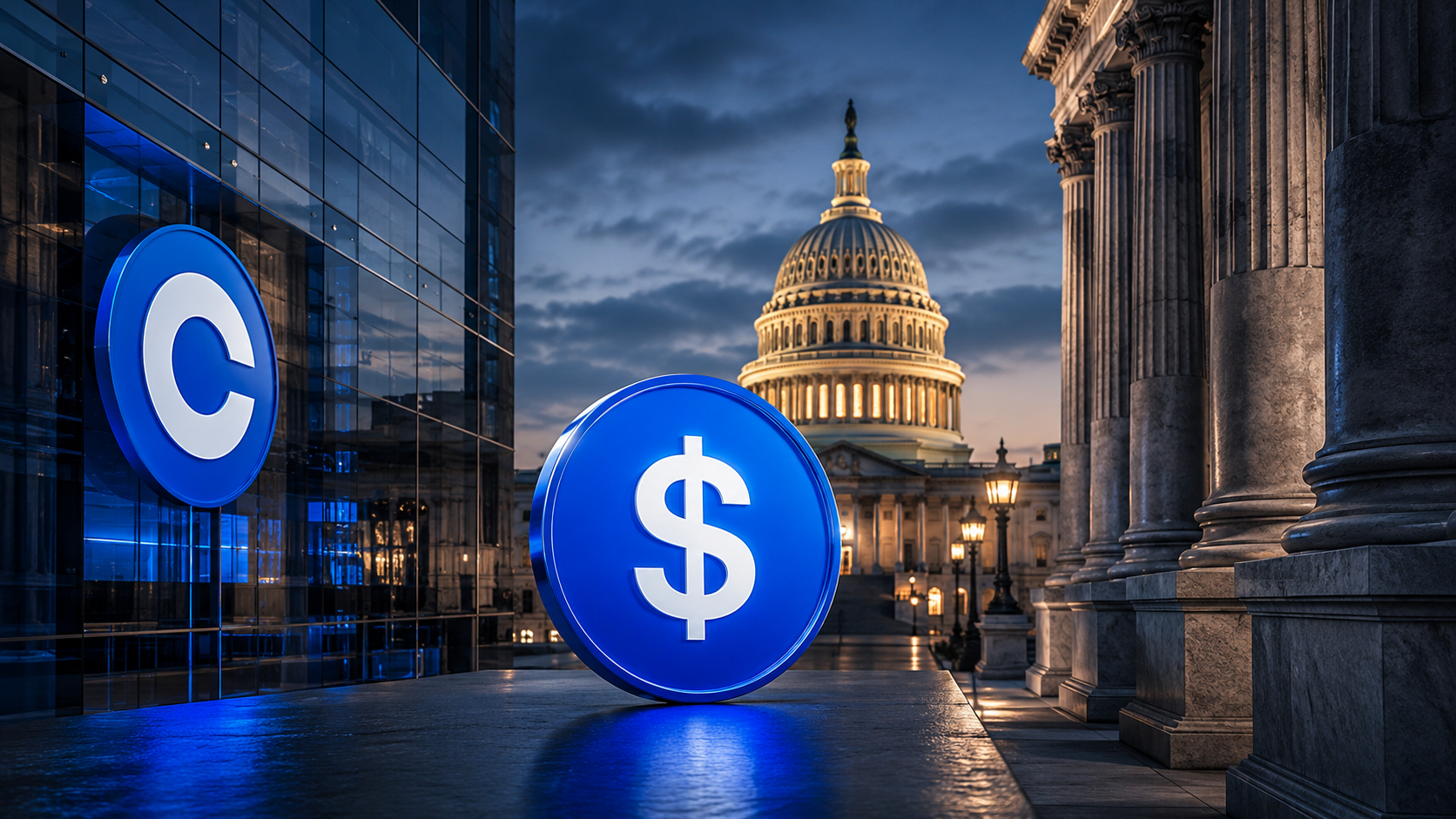 Coinbase-Logo und Stablecoin vor dem US-Kapitol zum Streit über den CLARITY Act