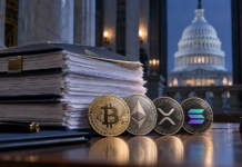 Bitcoin-, Ethereum-, XRP- und Solana-Münzen vor einem umfangreichen US-Gesetzentwurf und dem Kapitol in Washington.