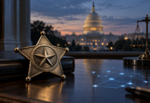 Sheriff-Abzeichen vor dem US-Kapitol als Symbol für den CLARITY Act