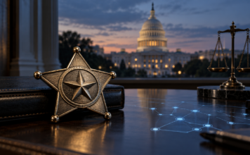 CLARITY Act nimmt wichtige Hürde: US-Sheriffs geben Widerstand auf Sheriff-Abzeichen vor dem US-Kapitol als Symbol für den CLARITY Act