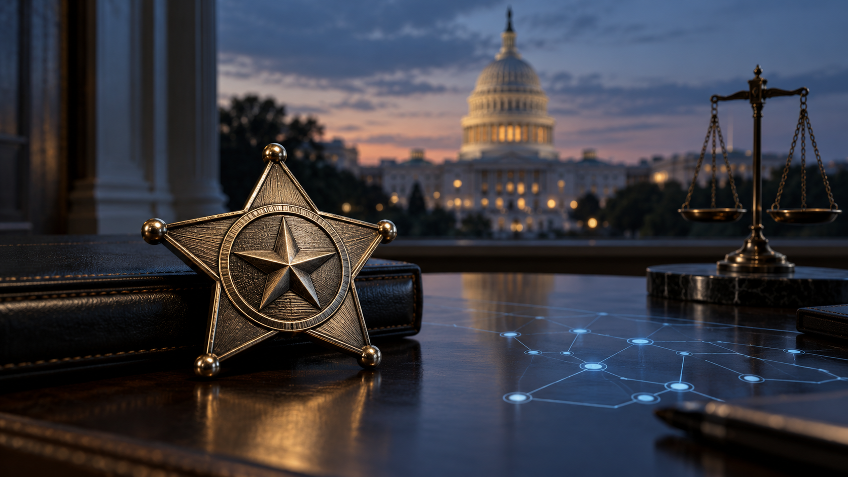Sheriff-Abzeichen vor dem US-Kapitol als Symbol für den CLARITY Act