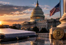 US-Kapitol mit Bitcoin-Symbol als Darstellung des CLARITY Act und der Krypto-Regulierung in den USA