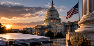 US-Kapitol mit Bitcoin-Symbol als Darstellung des CLARITY Act und der Krypto-Regulierung in den USA