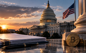 US-Kapitol mit Bitcoin-Symbol als Darstellung des CLARITY Act und der Krypto-Regulierung in den USA