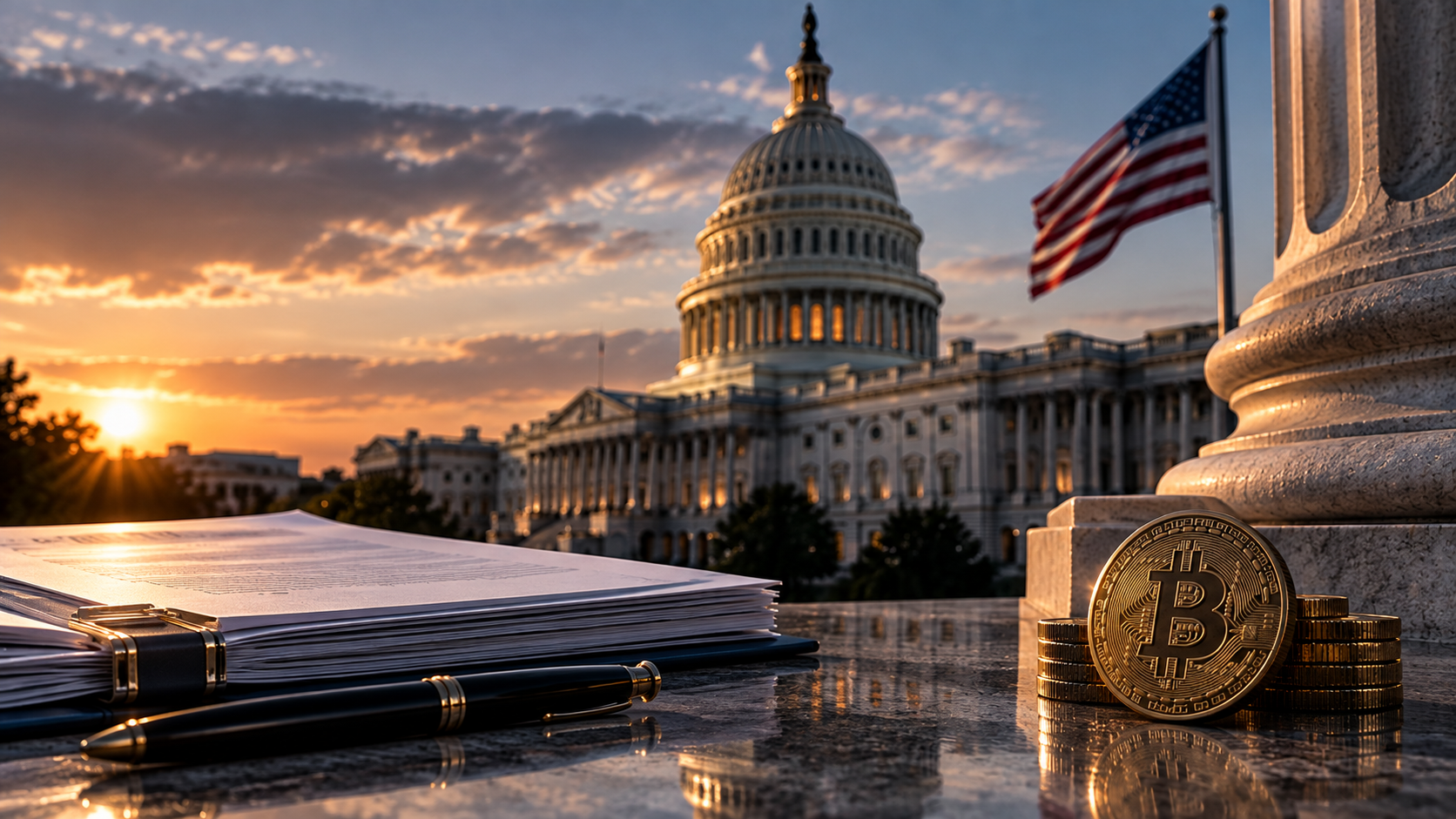 US-Kapitol mit Bitcoin-Symbol als Darstellung des CLARITY Act und der Krypto-Regulierung in den USA