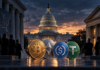 US-Kapitol, Banken und ein Stablecoin symbolisieren den Streit um den CLARITY Act.