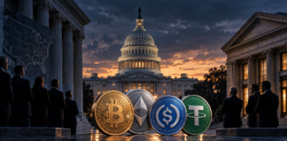 US-Kapitol, Banken und ein Stablecoin symbolisieren den Streit um den CLARITY Act.