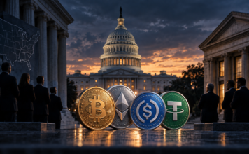 US-Kapitol, Banken und ein Stablecoin symbolisieren den Streit um den CLARITY Act.