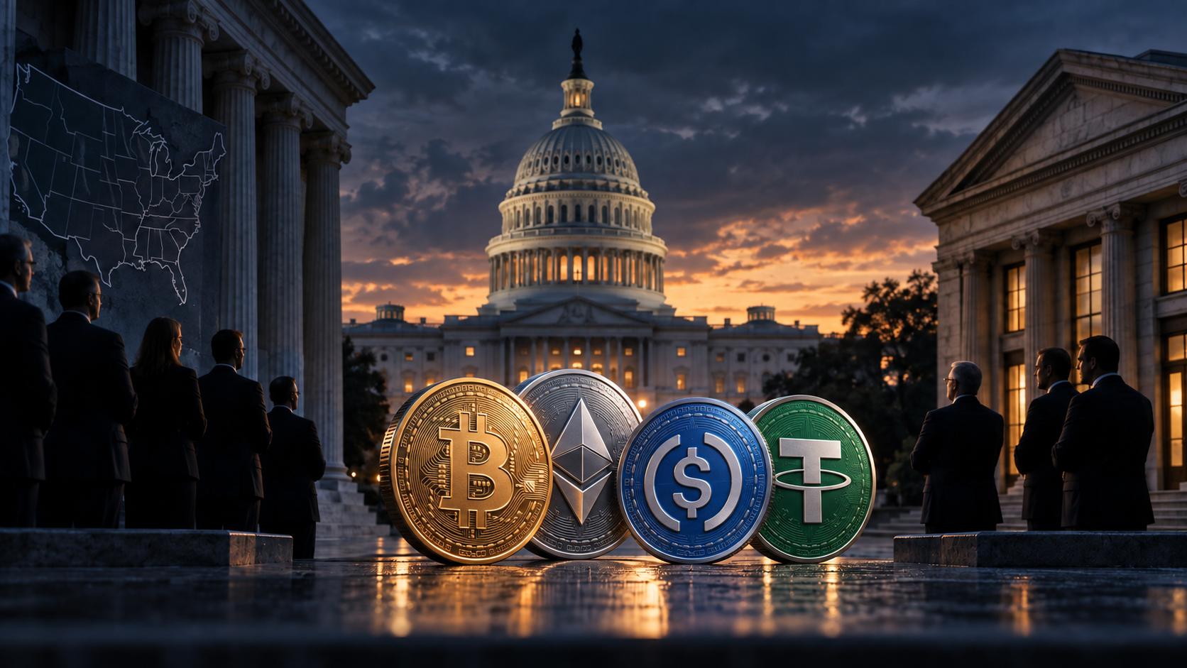 US-Kapitol, Banken und ein Stablecoin symbolisieren den Streit um den CLARITY Act.