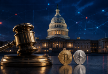 Richterhammer vor dem US-Kapitol als Symbol für den CLARITY Act und die US-Kryptoregulierung