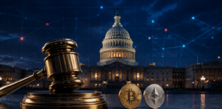 CLARITY Act im US-Senat: SEC-Chef Atkins sieht entscheidenden Durchbruch näher rücken Richterhammer vor dem US-Kapitol als Symbol für den CLARITY Act und die US-Kryptoregulierung