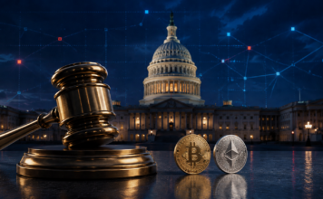 Richterhammer vor dem US-Kapitol als Symbol für den CLARITY Act und die US-Kryptoregulierung