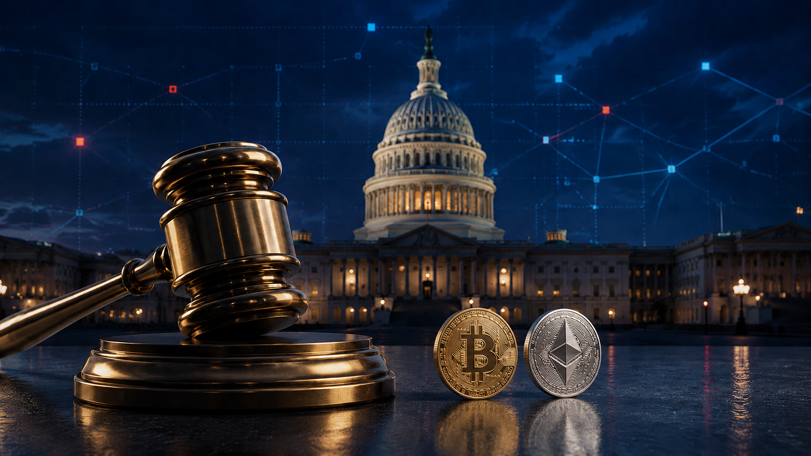 Richterhammer vor dem US-Kapitol als Symbol für den CLARITY Act und die US-Kryptoregulierung