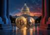 Bitcoin und Ethereum vor dem US-Kapitol zwischen blau und rot beleuchteten Säulen.