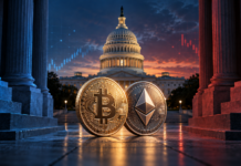 Bitcoin und Ethereum vor dem US-Kapitol zwischen blau und rot beleuchteten Säulen.