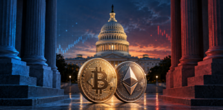 Bitcoin und Ethereum vor dem US-Kapitol zwischen blau und rot beleuchteten Säulen.