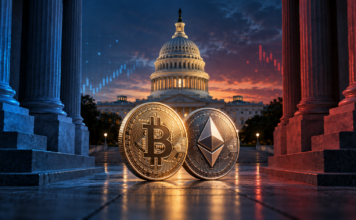 Bitcoin und Ethereum vor dem US-Kapitol zwischen blau und rot beleuchteten Säulen.