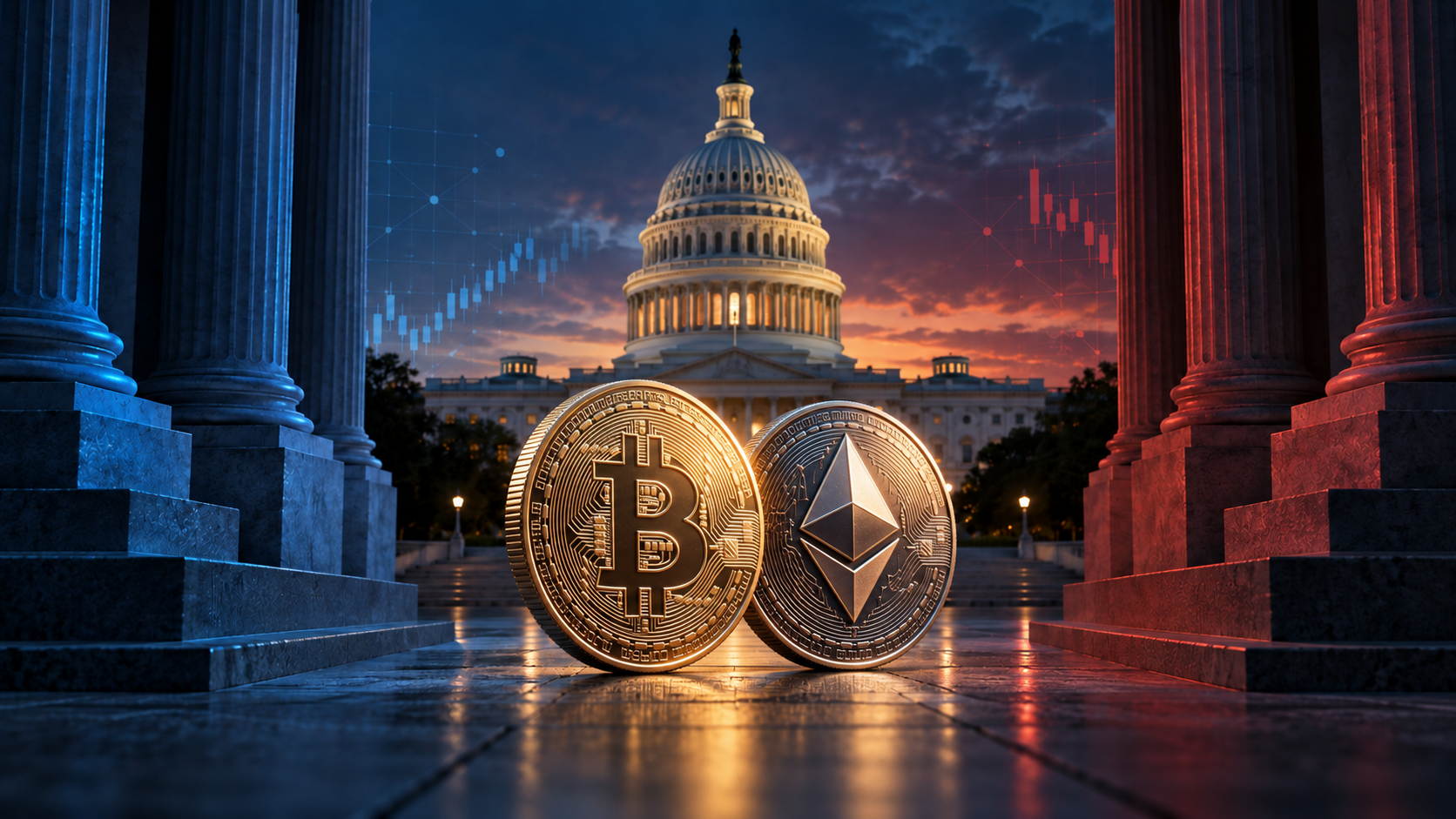 Bitcoin und Ethereum vor dem US-Kapitol zwischen blau und rot beleuchteten Säulen.
