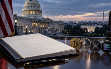 BREAKING: CLARITY Act vor Wende – Trump akzeptiert neuen Ethik-Kompromiss CLARITY Act mit Bitcoin, Ethereum, XRP und Solana vor dem US-Kapitol und dem Weißen Haus